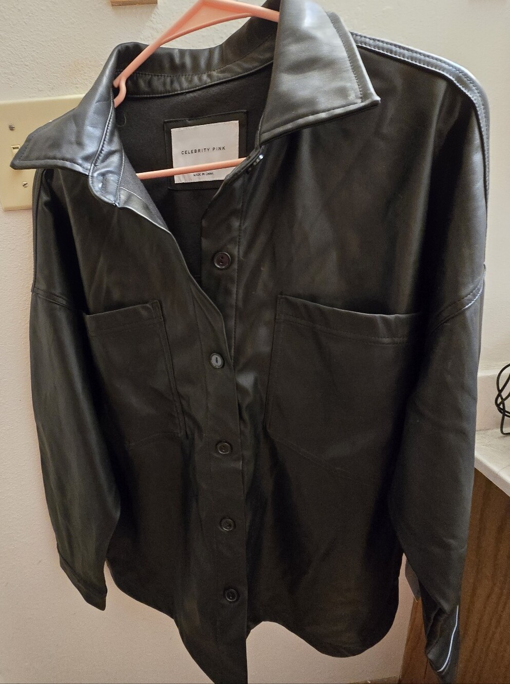 Celebrity Pink Black Faux Leather Button-Front Jacket